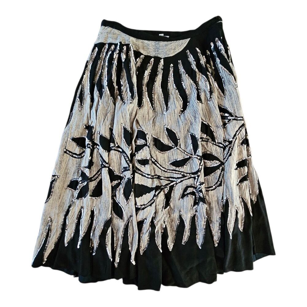 Black White Leaf Silver Sequin A Line Skirt Size S Casting Soft Lined Midi